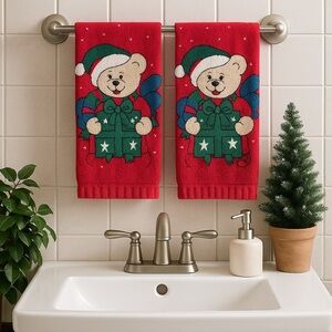 Vintage Holiday Teddy Bear Christmas Hand Wash Towels